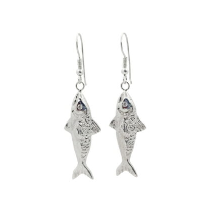 Silver mackerel earrings against a white background