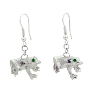 Silver frog earrings against a white background