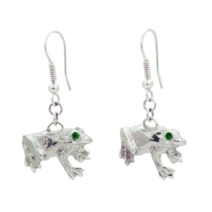 Silver frog earrings against a white background